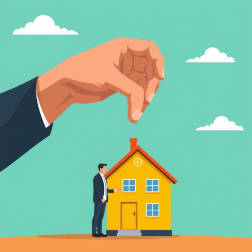 Create an illustration of a large hand reaching down to take a small yellow house from a businessman standing below, set against a simple turquoise background with a few clouds, using a DSLR camera with a 50mm lens, aperture f/2.8, ISO 100, and a slight vignette effect for a polished look.