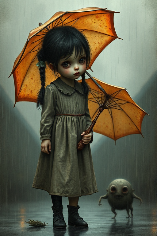 An eerie, weird little girl with dark hair in thin pigtails, wearing a smock dress, standing in the rain, holding a dirty orange umbrella, a small, odd creature beside her. In a surreal style inspired by Nicoletta Ceccoli and Brian Froud. Dark fantasy themes