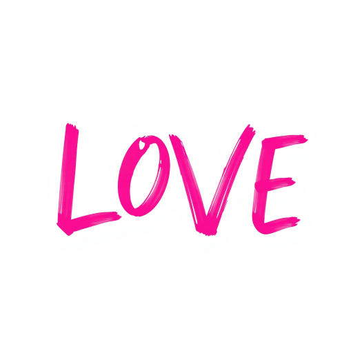create an image of the word LOVE in bold, vibrant pink brush stroke letters on a white background, using a DSLR camera with a 50mm lens, aperture f/1.8, ISO 100, and a shallow depth of field to enhance clarity and colors.