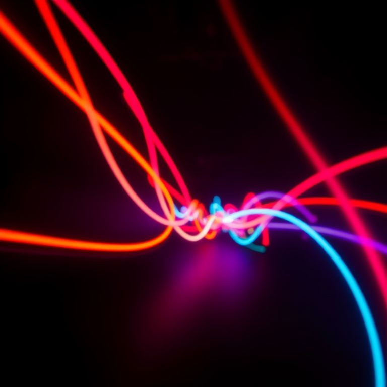 abstract neon light trails in a dark space, long exposure photography, f-stop 8, ISO 100, shutter speed 2 seconds, wide-angle lens, DSLR camera, vibrant colors and smooth gradients