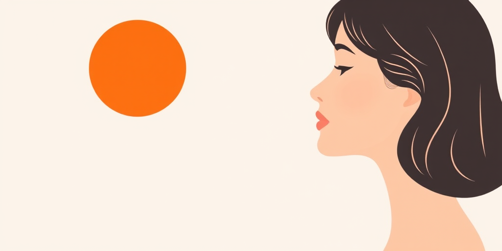 Create a minimalist digital illustration of a woman's profile with a large geometric orange circle in the background, using a soft color palette, shot with a digital camera at f/8, ISO 200, 50mm lens, in a flat lay style, ensuring a high-quality design with smooth lines and a modern aesthetic.