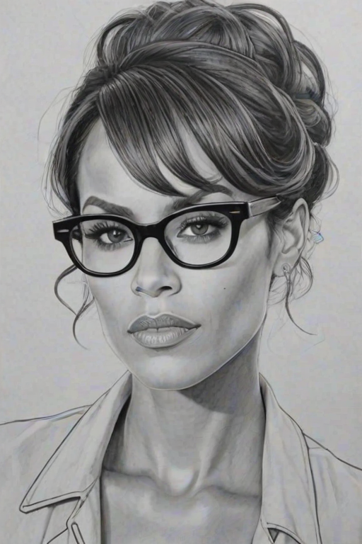 Sublime Nicole Ari Parker, pencil sketch, portrait of Stunning woman 1927s in glasses, hair style beatnik, outline, clear lines, fine lines, 8k