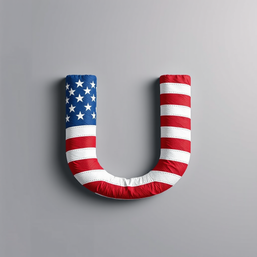 Create a high-resolution image of a large letter U filled with the American flag design, taken with a DSLR camera using a 50mm lens at f/2.8, 1/200 sec, ISO 100, in a flat lay style to enhance colors and textures.