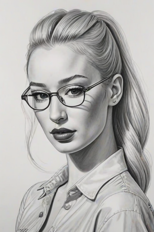 Attractive Iggy Azalea, pencil sketch, portrait of Gorgeous woman 1925s in glasses, hair style beatnik, outline, clear lines, fine lines, 8k