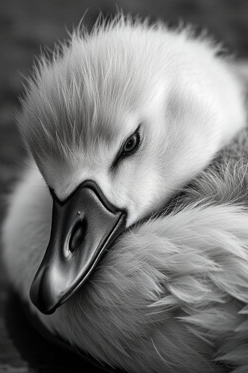 close-up of a sleeping cygnet with soft feathers, shallow depth of field, ISO 100, f/2.8, 1/200s, natural light, DSLR camera, 85mm lens, black and white photography
