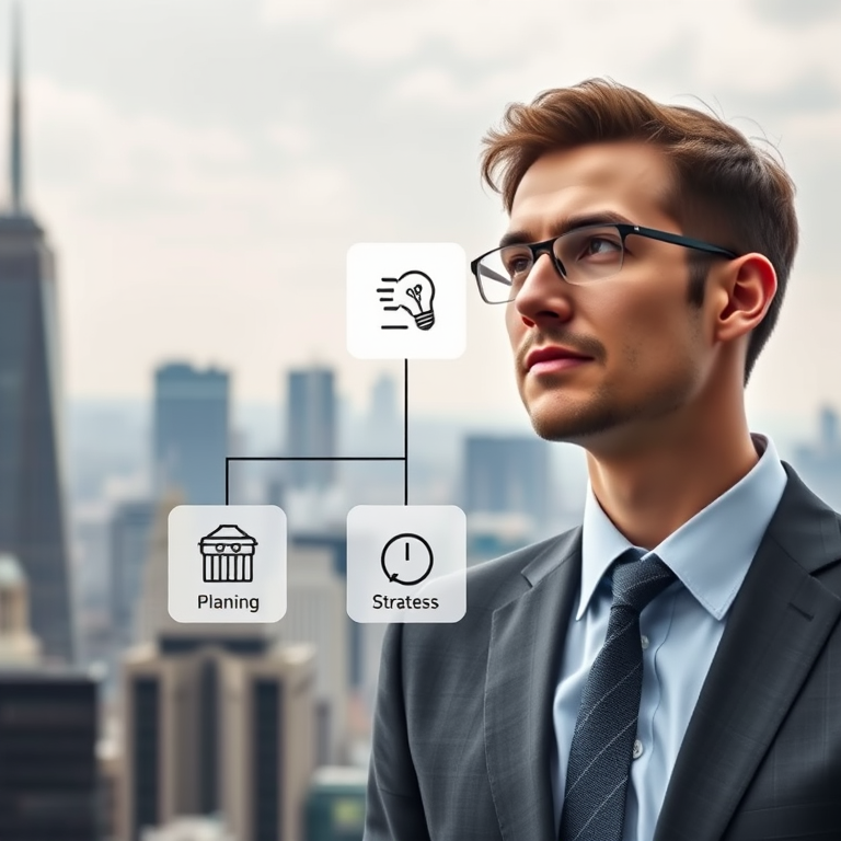 Create an image of a business professional in a suit with a thoughtful expression against a city skyline background, incorporating a flowchart with icons representing idea, planning, strategy, and success, captured with a Canon EOS 5D Mark IV, aperture f/2.8, ISO 100, 50mm lens, shot in a high-angle view with a cinematic style.