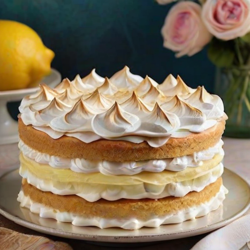 Generate an image of a beautifully layered lemon meringue cake. The cake should have a golden crust, a creamy lemon filling, and a fluffy white meringue topping. Include a slice of the cake on a plate, showcasing its layers, with some delicate flowers around the base for decoration. The background should be soft and inviting, enhancing the cake's presentation.