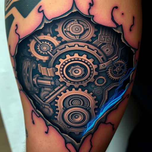 Biomechanical tattoo revealing intricate mechanical gears and circuits beneath torn skin, incorporating shades of metallic gray and electric blue, titled "Cybernetic Unveiling"