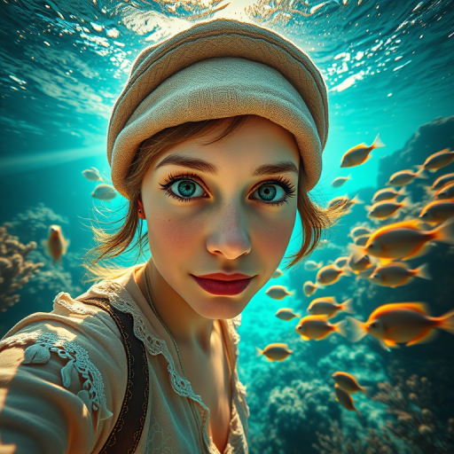 Realistic selfie image of a Mizrahi, wearing a vintage outfit, detailed dreamy eyes, droopy hooded eyes, staring at the camera, taken underwater at coral reef with a sunbeam filtering through the water, vibrant, summer vacation, natural lighting, turtle and school of tropical fish with vibrant colors, rendered in the style of CryEngine, Pegi Nicol MacLeod, with realistic genre scenes, hauntingly beautiful narratives, ultra-realism, and Thomas Saliot's close-up technique, 8K resolution, crystal clear and sparkling water.