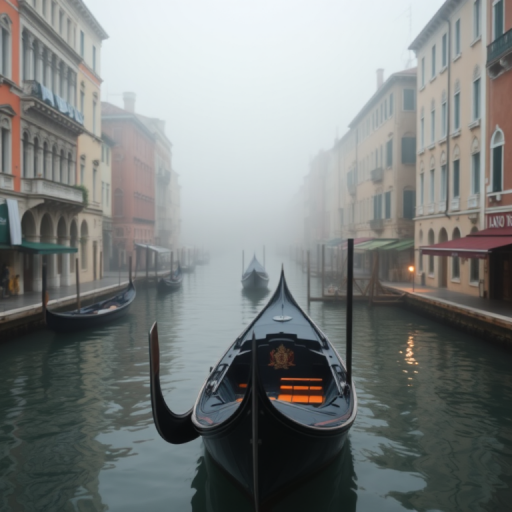 A serene view of the Grand Canal in Venice, Italy during a foggy morning, soft light enhancing the pastel colors of the historic buildings, captured with a Canon EOS R5 at 35mm, f/4, ISO 100, with a medium depth of field for a sharp foreground and softly blurred background, emphasizing the reflections on the water and the quaint gondolas in view.