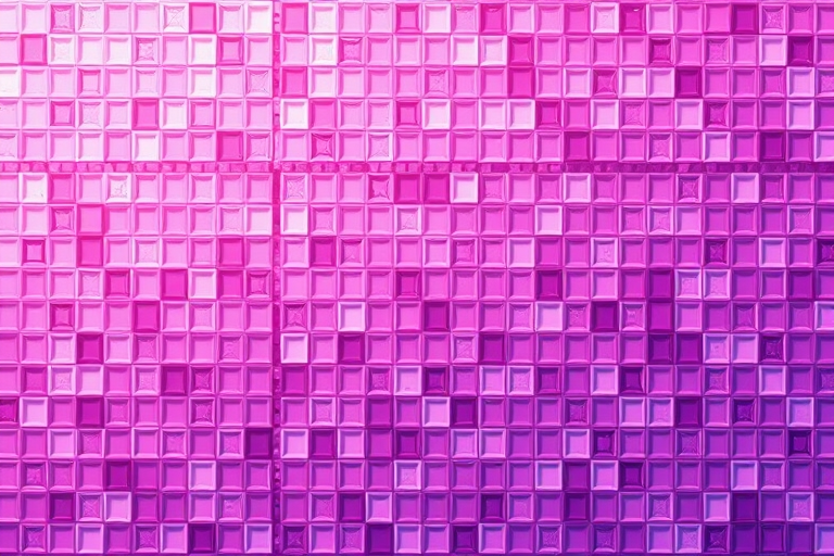 Create a high-resolution abstract background pattern featuring small square tiles in varying shades of pink and purple, using a Canon EOS 5D Mark IV, 50mm lens, f/8 aperture, ISO 100, and a soft focus style for a smooth gradient effect.