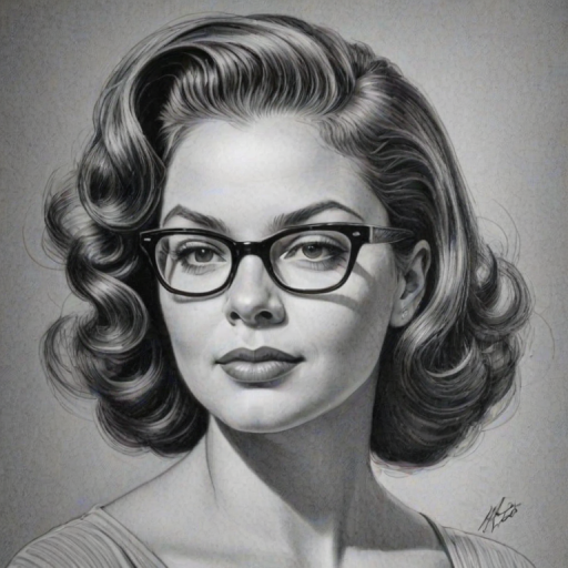 Magnificent Mo'Nique, pencil sketch, portrait of Sublime woman 1953s in glasses, hair style beatnik, outline, clear lines, fine lines, 8k
