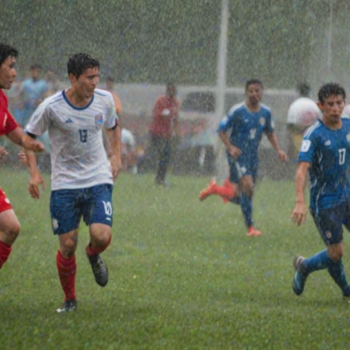 Blurry candid photo of a soccer game on a rainy afternoon, water droplets in mid-air, with the players' intense expressions barely visible through the downpour.