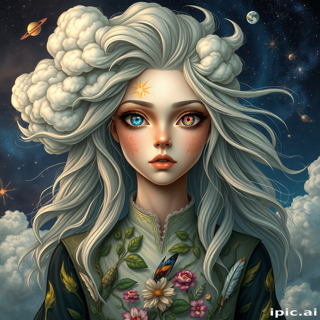 Create a series of imaginative portraits where each subject is infused with elements of fantasy and nature. The hair of the individuals should flow like clouds, varying from soft, fluffy cumulus to wispy cirrus strands, with hints of color reflecting a sunset or a clear blue sky. The eyes should be windows to entire galaxies, with stars, nebulae, and distant planets visible within them. Clothing should be adorned with nature motifs, such as floral patterns that bloom and change, vines that seem to grow and wrap around, or feathers that shimmer with iridescence. Each portrait should capture a unique personality, blending human features with the ethereal beauty of the natural and cosmic world. The backgrounds can vary, from starry night skies to enchanted forests, adding depth and context to the magical realism of the portraits