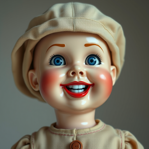 Generate a hyper-realistic image of a vintage doll with rosy cheeks, dimples, and a wide grin with red lips. The doll has bright blue, glossy eyes looking to the side, wearing a beige fabric hat. The face is shiny plastic, contrasting with the matte fabric of the clothing. The background is plain and neutral, emphasizing the doll’s unsettling expression.