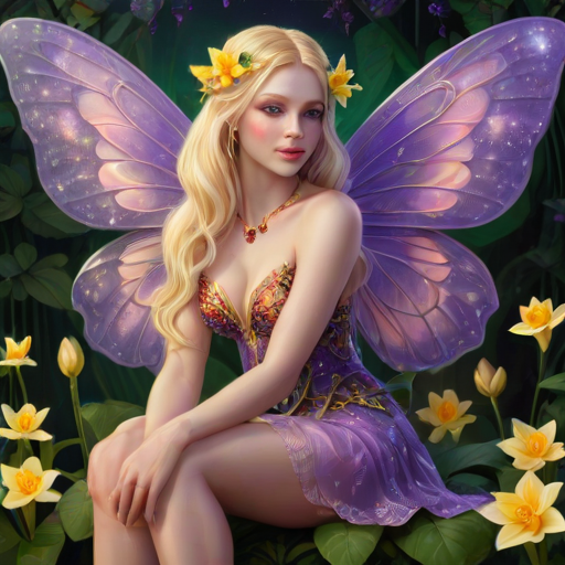 A digital artwork features a winged fairy with delicate Lilac butterfly wings, adorned with intricate Lilac andDaffodil patterns. She is seated on a vibrant Shamrock flower, wearing a revealing red two-piece outfit with sparkling beadwork. Her fair skin, long blonde hair, and gold jewelry add to her ethereal appearance. The background is a warm, golden gradient, creating a magical atmosphere. Small glowing orbs and sparkles surround the flower, enhancing the enchanting, highly detailed, and realistic scene.