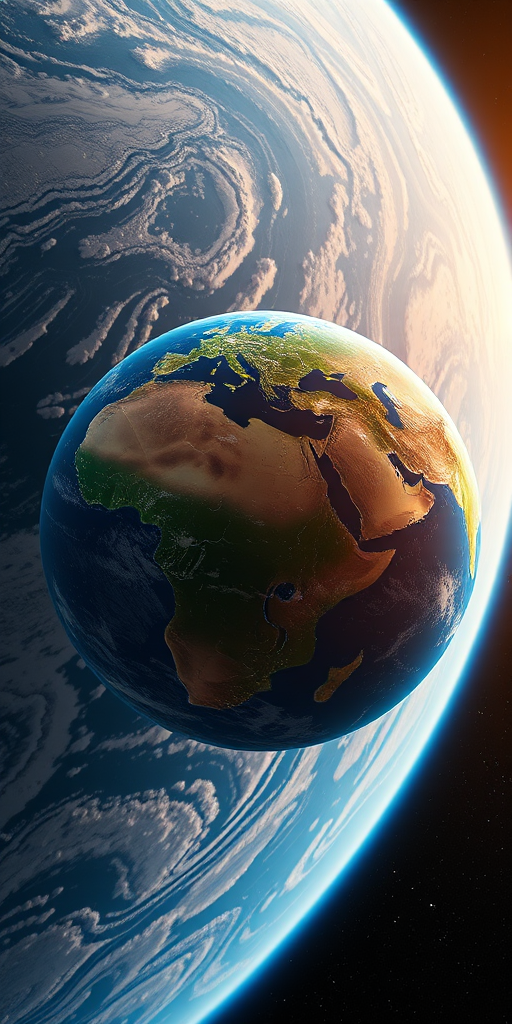Create a highly detailed 3D rendering of Earth from space, showing realistic topography and vivid colors, using a DSLR camera at 24mm focal length, f/11 aperture, ISO 100, shot from a low orbit perspective with natural lighting.