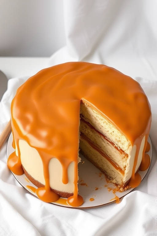 A round caramel cake with smooth glossy caramel icing on top and sides showcasing a slice cut out revealing layers of light sponge cake and caramel filling on a white cloth background.