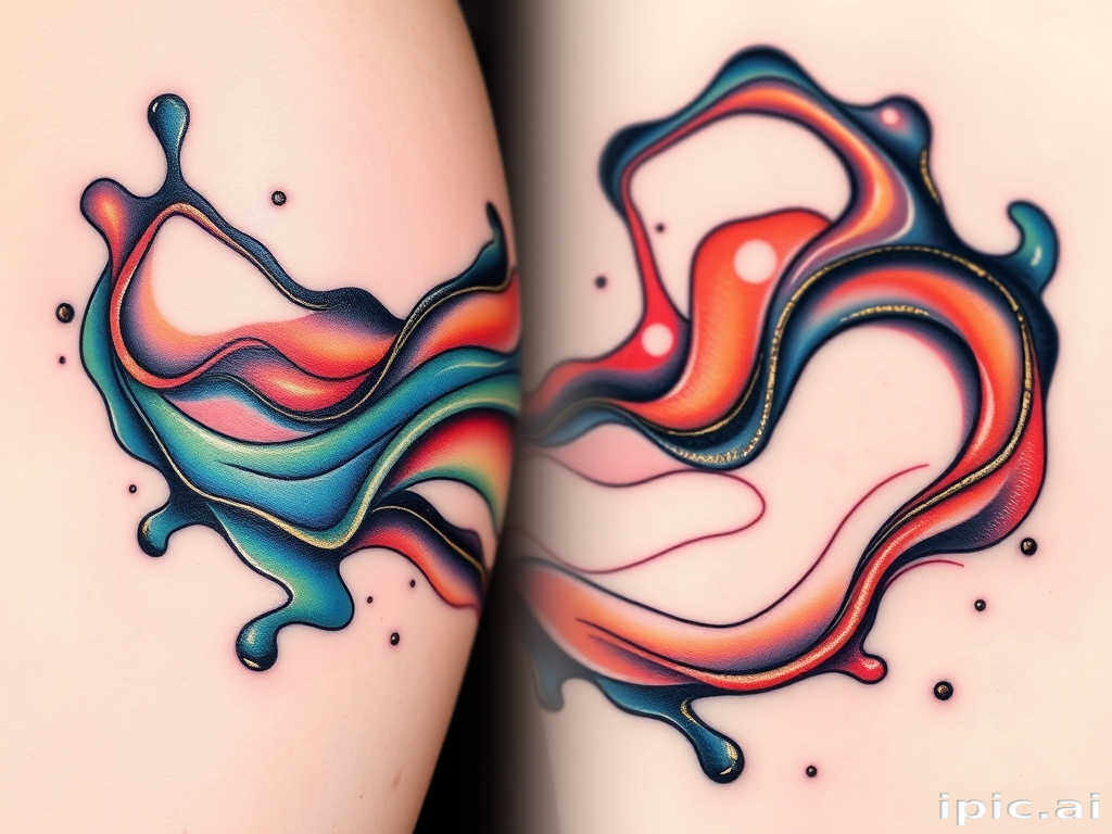 Contemporary abstract tattoo titled "Fluid Dynamics" featuring flowing organic shapes and color gradients reminiscent of liquid paint in motion with metallic ink accents