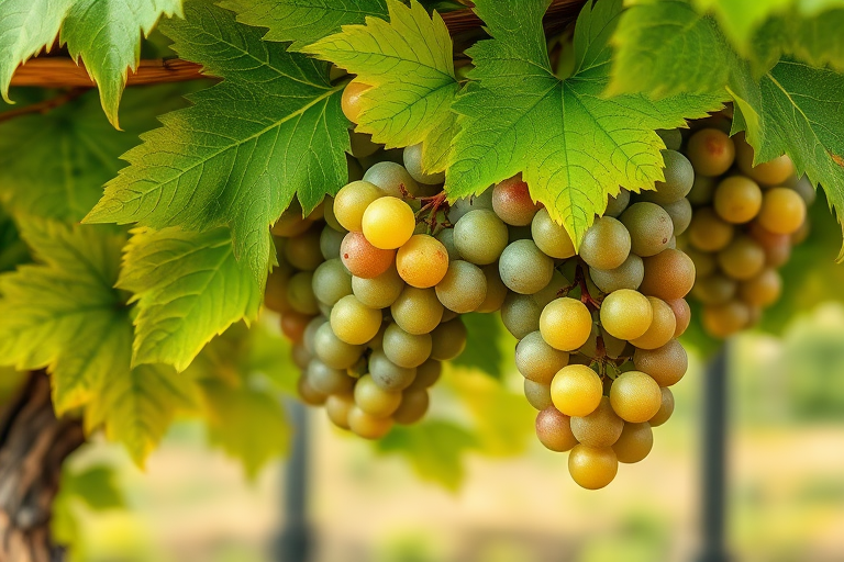 Create a highly detailed illustration of a grape vine with lush green leaves and clusters of grapes, captured in macro view, f/2.8 aperture, ISO 100, using a DSLR camera, with a soft focus background to enhance the vibrant colors of the grapes and foliage.