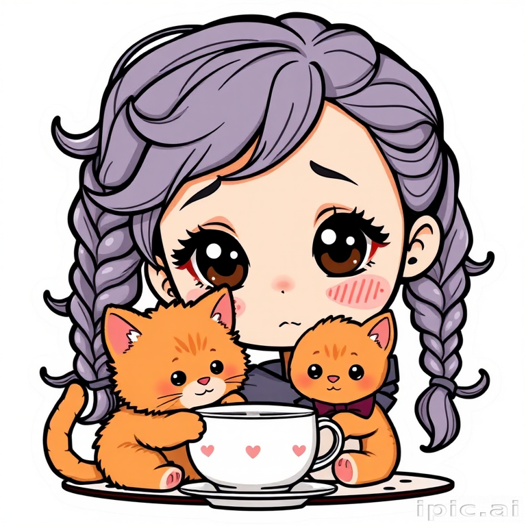 A vector art style sticker of a chibi girl with freckles and dimples, big brown round eyes, and messy periwinkle braids, playing tea with a fluffy orange kitten wearing a bow. Bold line art