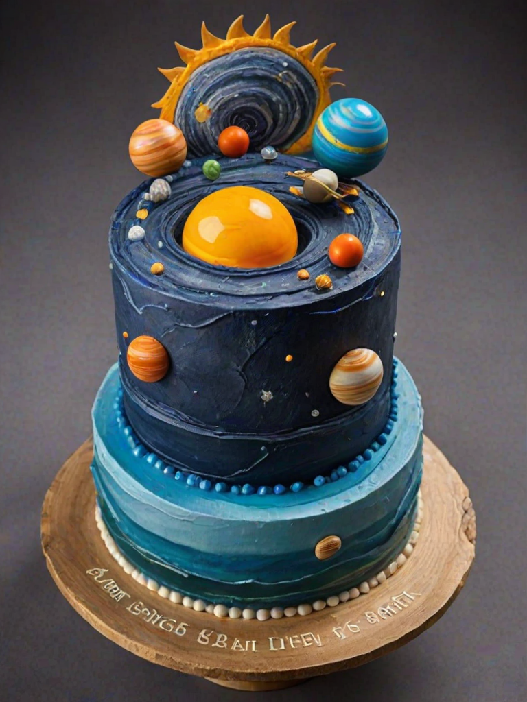 Create a visually stunning cake designed to represent the solar system. The cake should have a cross-section view showcasing layers for each planet, the sun, and the ocean. Use vibrant colors for each planet, and incorporate realistic textures to mimic the surfaces of the planets and the sun. The outer layer should resemble a celestial body, and the base should be a blue ocean.