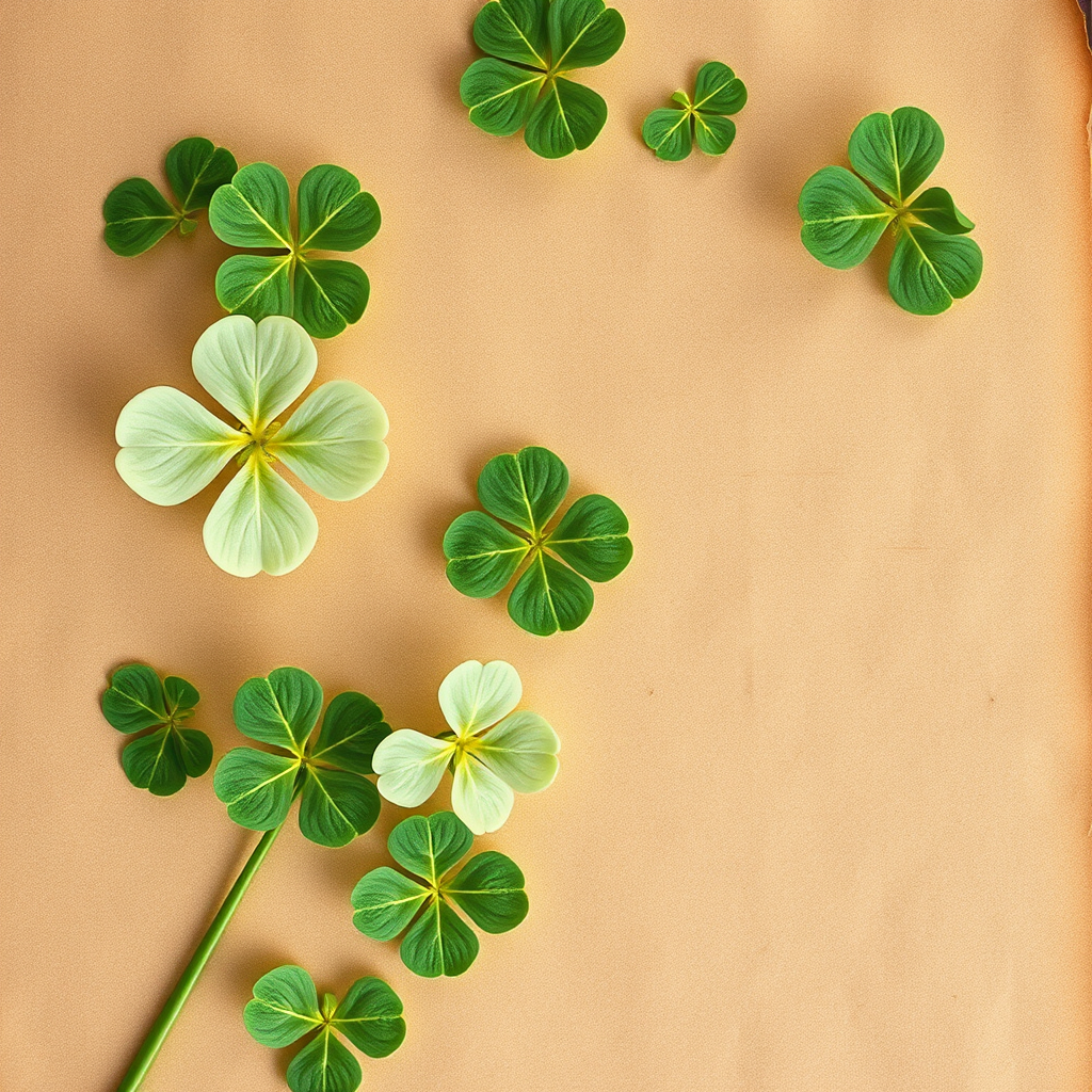 Create a vintage floral background with muted tones, featuring translucent clover leaves over a textured, earth-toned paper background, captured in a 50mm lens at f/2.8, ISO 100, shot from a top-down perspective using a DSLR camera for enhanced detail and depth.