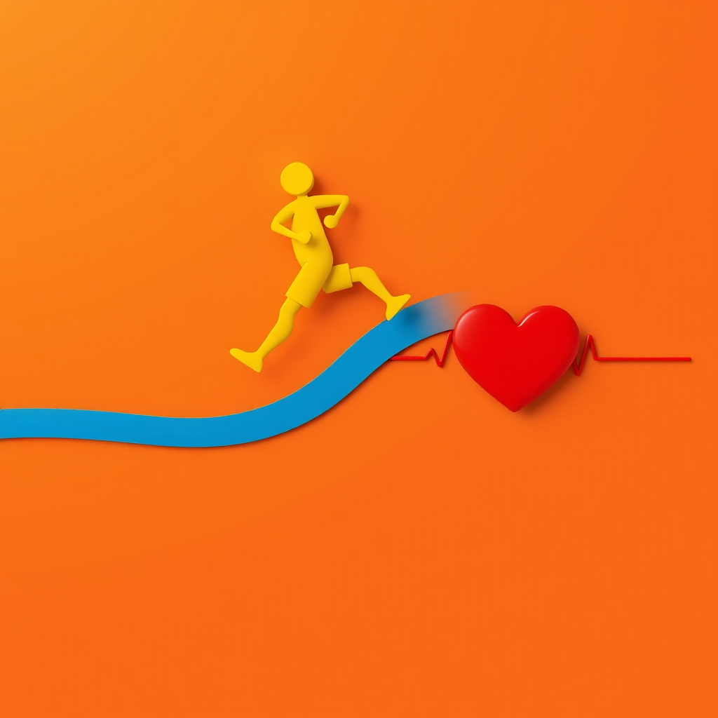 Create a vibrant illustration of a yellow running figure on a blue heartbeat line leading to a red heart, set against an orange gradient background, captured with a Canon EOS R5 at f/8, 1/100s, ISO 200, wide angle lens, in a flat lay style.