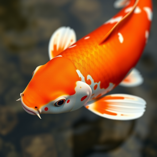 Generate a realistic 3D rendering of a koi fish with vibrant orange and white patterns, shot with a DSLR camera at 50mm focal length, f/2.8 aperture, ISO 100, in natural lighting, with a shallow depth of field to emphasize detail and textures.