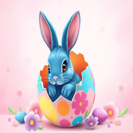 Create a vibrant illustration of a cute blue bunny peeking out from a cracked colorful Easter egg set against a soft pink background with subtle floral patterns, using a high-resolution digital art style, with a focal length of 35mm, aperture set to f/4 for depth of field, and a bright natural lighting effect.