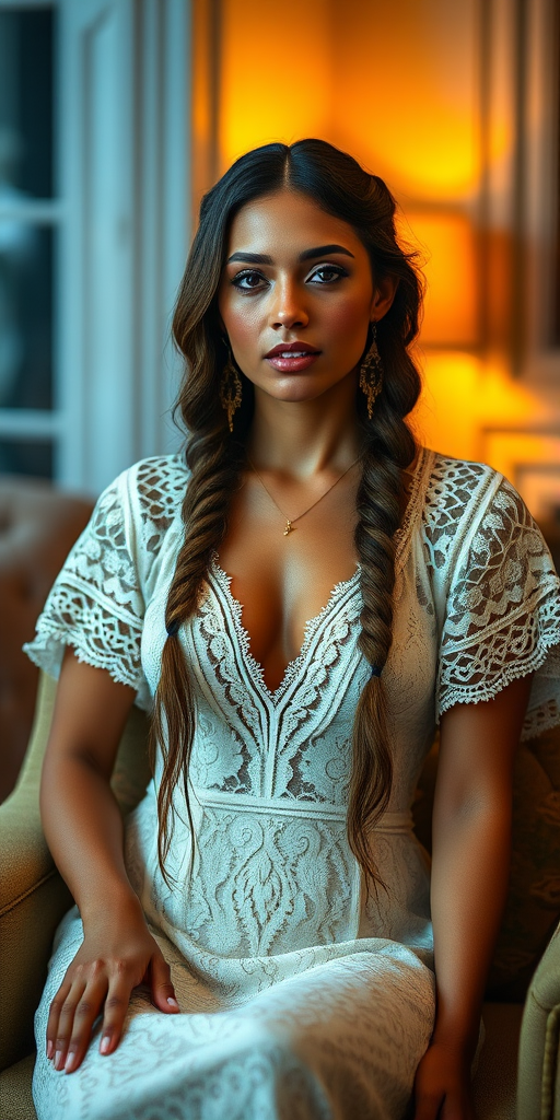 Create a portrait of a refined and elegant Native American woman seated in a sophisticated setting. She has long, wavy hair styled in two thick braids that are pulled over her shoulders. She wears a white, lace gown with intricate patterns, featuring a deep V-neckline and short sleeves. The dress exudes a vintage charm with its delicate lacework. She is adorned with ornate, dangling earrings that add a touch of glamour to her appearance. The background is softly lit, with warm, ambient lighting that creates a cozy and inviting atmosphere. Her expression is poised and serene, capturing a sense of grace and elegance.