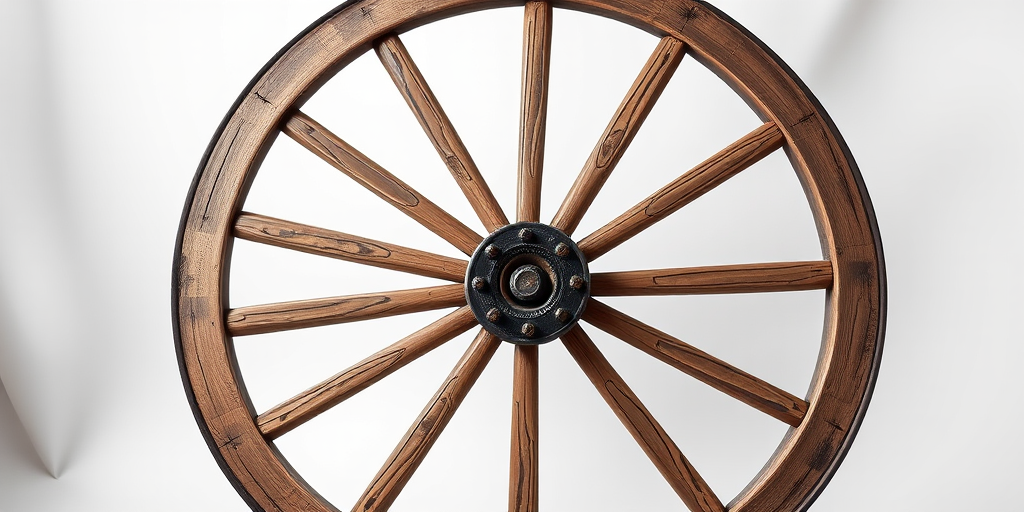Generate an image of a vintage wooden wagon wheel, captured with a Canon EOS R5, 50mm lens, f/2.8 aperture, ISO 100, in a studio setup with softbox lighting and a white backdrop to enhance detail and texture.