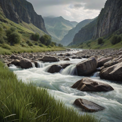 generate a landscape scene featuring a cascading river with clear water flowing over rocky terrain, surrounded by grassy areas and rugged cliffs under a cloudy sky