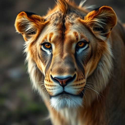 Capture a close-up portrait of a lion with a shallow depth of field, using a Canon EOS R5, 85mm lens, f/1.8 aperture, ISO 100, shutter speed 1/250s, natural light, and a soft bokeh background for enhanced clarity and detail.