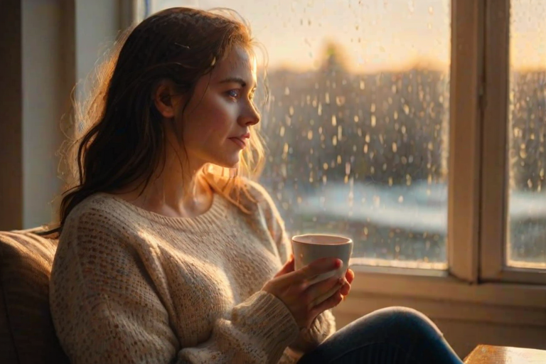 Warmly lit photo of a young woman sitting by a large window, sipping tea as sunlight streams in, her soft sweater illuminated in the golden glow, and rain droplets gently falling on the glass.