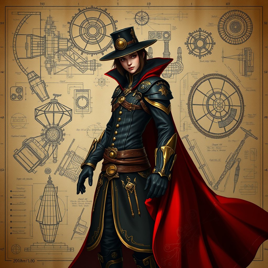 create a steampunk-inspired character design featuring a figure in a black and gold outfit with a flowing red cape, surrounded by intricate mechanical sketches and blueprints, shot with a DSLR camera at f/1.8, ISO 100, with a 50mm lens in a portrait view for enhanced detail and depth of field, soft lighting to highlight textures and contrasting colors