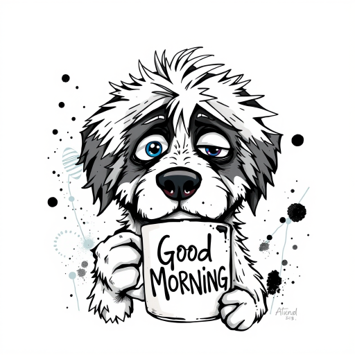 A quirky, artistic illustration of a disheveled greater swiss mountain dog with exaggerated, large eyes and spiky fur, holding a coffee mug that reads "Good Morning". The dog has a tired but humorous expression, with ink splatters and abstract details surrounding it, giving a whimsical feel to the image. The color palette is mostly monochrome with hints of blue in the eyes and steam rising from the mug, enhancing the overall sleepy vibe
