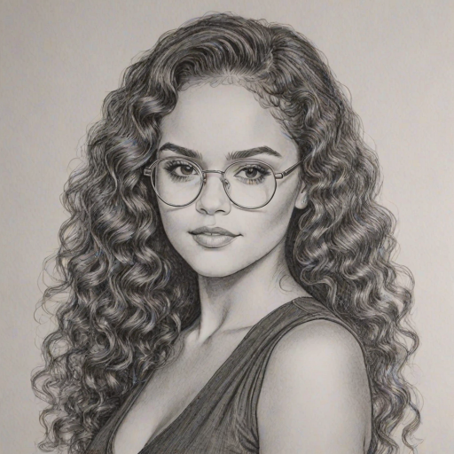 Fascinating Madison Pettis, pencil sketch, portrait of Alluring woman 1979s in glasses, hair style beatnik, outline, clear lines, fine lines, 8k