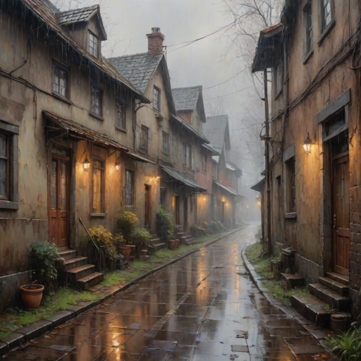 rainy day house painting, fine art painting, fantasy art, 4K, 3D, HDRi, detailed oil painting, high definition art, expressive rustic oil painting, foggy alley, soft focus
