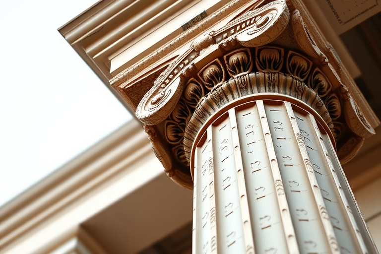 Create a detailed image of a classical Corinthian column with intricate designs and a smooth finish, using a DSLR camera with a 50mm lens, aperture f/2.8, ISO 100, and a slight upward angle to capture the ornate capital and fluted shaft.