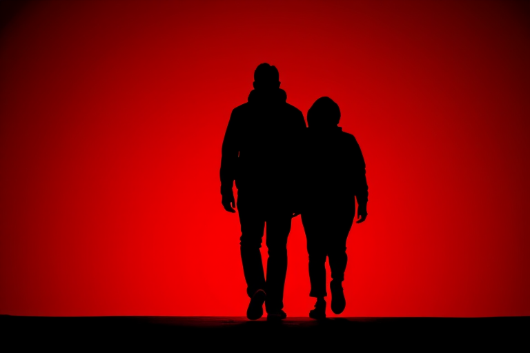 Create a striking silhouette image of three figures walking away against a dark background with a red hue, using a DSLR camera at f/2.8, ISO 200, with a 50mm lens, in portrait orientation, emphasizing a moody atmosphere with soft focus on the foreground.