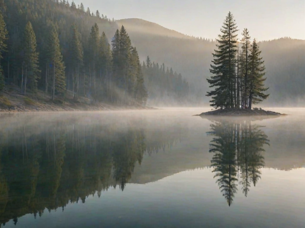 Soft-focus image of a serene mountain lake at dawn, soft mist rising from the water, with pine trees reflecting perfectly on the glassy surface.