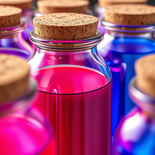 Create a high-resolution digital illustration of a series of glass jars filled with vibrant liquids in shades of purple, red, and blue, topped with textured cork lids, using a macro lens perspective, with an aperture of f/2.8 for a shallow depth of field, ISO 100, and a shutter speed of 1/60s, ensuring excellent lighting to enhance the colors and textures.