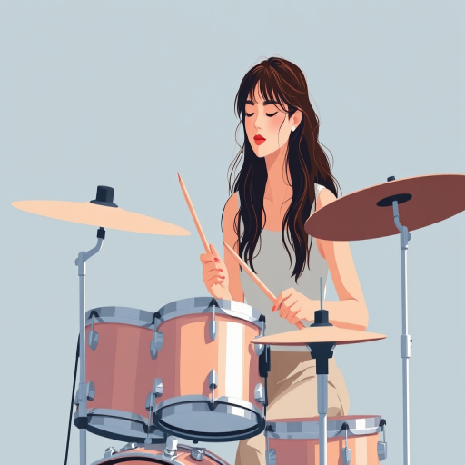 Create a high-quality illustration of a woman playing the drums in a minimalist style, using a soft color palette, shot with a Canon EOS R5 at ISO 100, f/2.8, 50mm lens, with natural lighting and a soft focus effect.