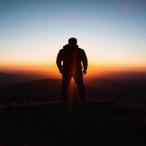 Create a high-resolution image of a silhouette of a person standing on a hill during sunset, using a DSLR camera with a 50mm lens at f/1.8, ISO 100, shutter speed 1/200s, captured from a low angle with a wide view.