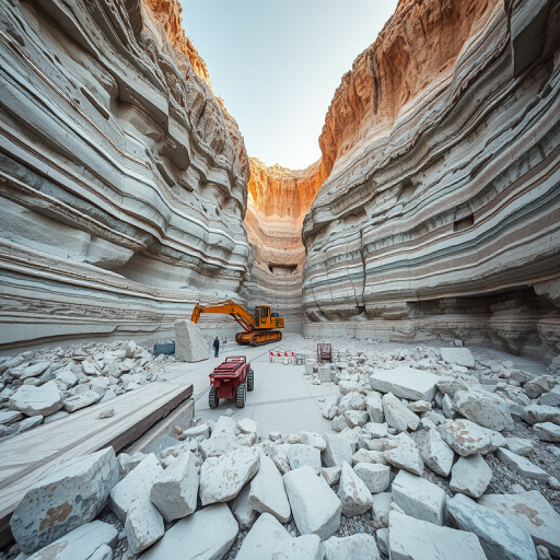 capture a wide-angle view of a marble quarry with layered rock formations and machinery, early morning light, use a Canon EOS 5D Mark IV, aperture f/8, shutter speed 1/250 sec, ISO 100 for sharpness and clarity, focus on textures and colors of the stones