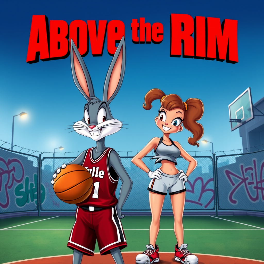 Design an Above the Rim poster featuring Bugs Bunny as Kyle and Lola Bunny as Shep. Bugs is dressed in a basketball jersey and shorts, holding a basketball with a confident expression, while Lola stands beside him in athletic gear, looking determined. The background features an urban basketball court with a wire fence, streetlights, and graffiti. The title "Above the Rim" appears in bold red letters at the top, keeping the original street basketball vibe