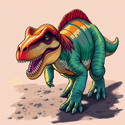Create a detailed illustration of a dinosaur walking, with vibrant colors and intricate textures, using a Canon EOS R5 camera, 50mm lens, f/2.8 aperture, ISO 100, and a slight low-angle view to emphasize scale and depth, in a digital art style.