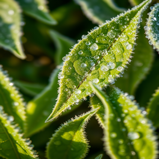 close-up of frosted green leaves with morning dew, 50mm lens, f/2.8 aperture, ISO 200, 1/200 sec shutter speed, shallow depth of field, natural light, DSLR camera