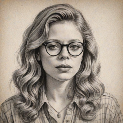 Charming Natasha Lyonne, pencil sketch, portrait of Fascinating woman 1945s in glasses, hair style beatnik, outline, clear lines, fine lines, 8k